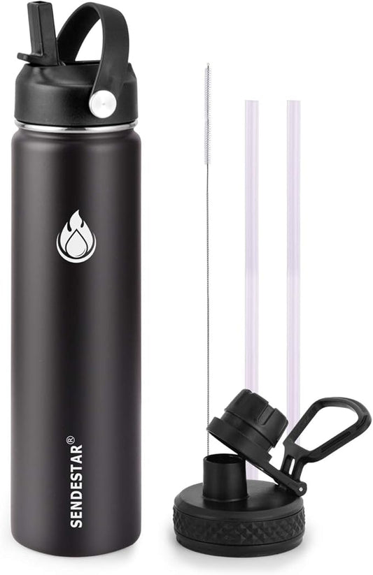 SENDESTAR Insulated Water Bottle 24 OZ, Wide Mouth 24 oz Water Bottle with Straw Lid, Spout Lid, Double Wall Vacuum Stainless Steel Leak Proof, Keeps Liquids Hot or Cold (Black)