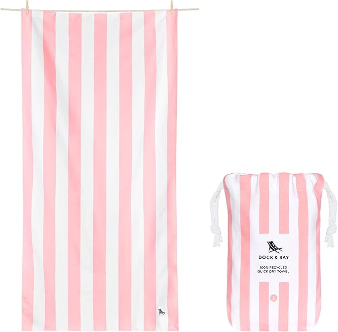 Dock & Bay Beach Towel - Quick Dry, Sand Free - Compact, Lightweight - 100% Recycled - Includes Bag - Cabana Light - Malibu Pink - Large (160x90cm, 63x35)