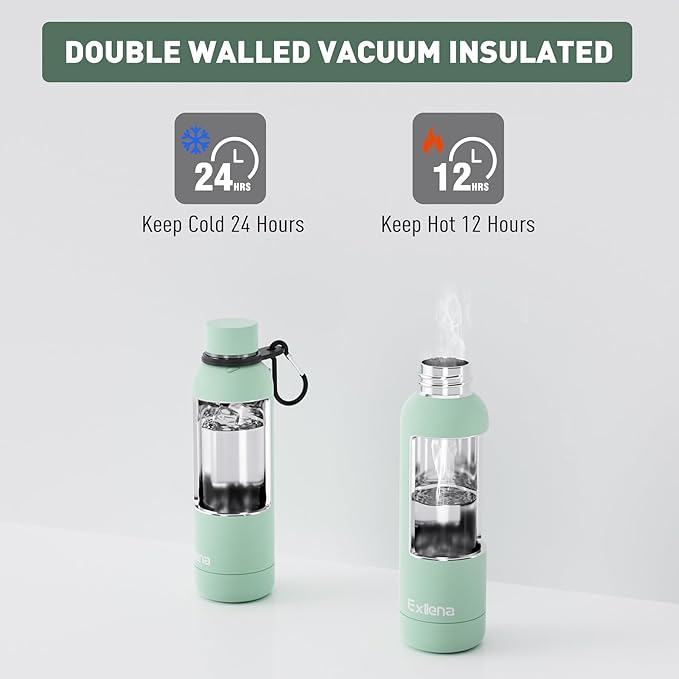 Slim Insulated Water Bottles for Travel 18oz with Clip, Double Wall Vacuum Stainless Steel Water Bottle Keeps Drinks Cold 24 Hrs/Hot 12 Hrs, 100% Leakproof, BPA Free(Mint)