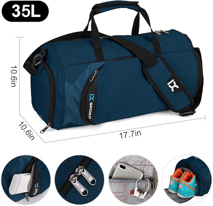INOXTO Small Sports Gym Bag，Travel Duffel Bag with Dry Wet Pocket and Shoes Compartment for Women and Men，35L Waterproof Weekender Fitness bag For Swim Sports Travel Working Out (blue)