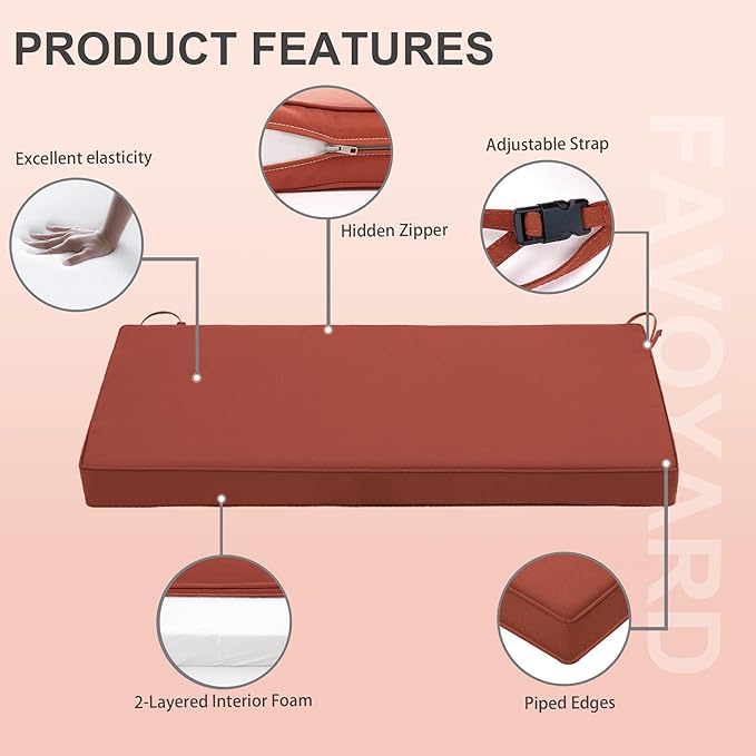 Favoyard Outdoor Bench Cushion 48 x 18 Inch Waterproof Patio Furniture Cushions 3-Year Color Fastness Garden Sofa Settee Couch Swing Pads with Handle and Adjustable Straps, Spice