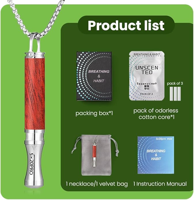 Breathing Necklace to Quit Smoking, Wood Breathing Necklace for Anxiety, Stress Relief, Stop Smoking, Includes Replaceable Unscented Cotton Filters