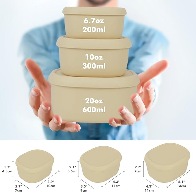 Anatole Silicone Food Storage Lunch Bento Box Set of 3 Reusable Nesting Containers with Lids BPA Free Dishwasher Microwave Oven Freezer Safe Leakproof (6.7oz, 10oz, 20oz)