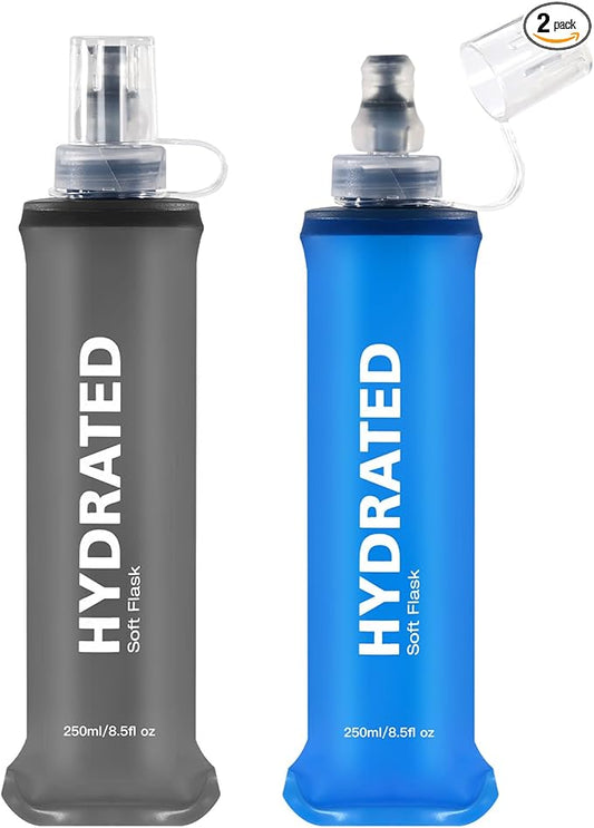 2Pack Soft Flask, 8.5oz Collapsible Soft Water Bottle, 250ml Foldable TPU Bottles for Hydration Pack BPA-Free, Running Lightweight Water Bottle for Hiking Cycling Climbing Running