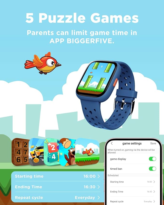 BIGGERFIVE Smart Watch for Kids No APP No Phone Needed, 1.8" Fitness Tracker Watch Pedometer, Heart Rate, Sleep Monitor, IP68 Waterproof, Step Counter, Puzzle Games for Girls Boys Teens 5-16, Blue