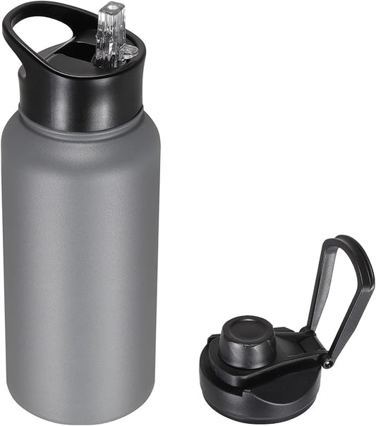 32 oz Insulated Water Bottle with Straw Lid & Wide Mouth Lids, Stainless Steel Sports Water Bottles, Double Walled Vacuum, Leak Proof, Gray