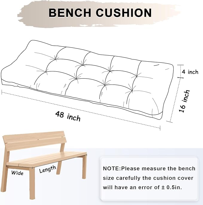 Bench Cushion 48 Inch - Chenille, High-Density Memory Foam, Non-Slip Bottom, Soft Durable Indoor Tufted Long Seat Cushion for Window Garden Furniture (Oyster White, 48x16x4 Inch)