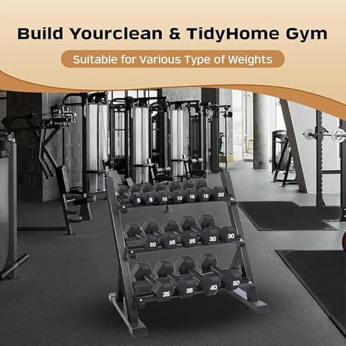 3 Tier Dumbbell Rack, Heavy Duty Weight Rack for Home Gym, Holds Dumbbells & Kettlebell Set, Dumbell Rack Stand Only with Shelf, 1100LBS Capacity