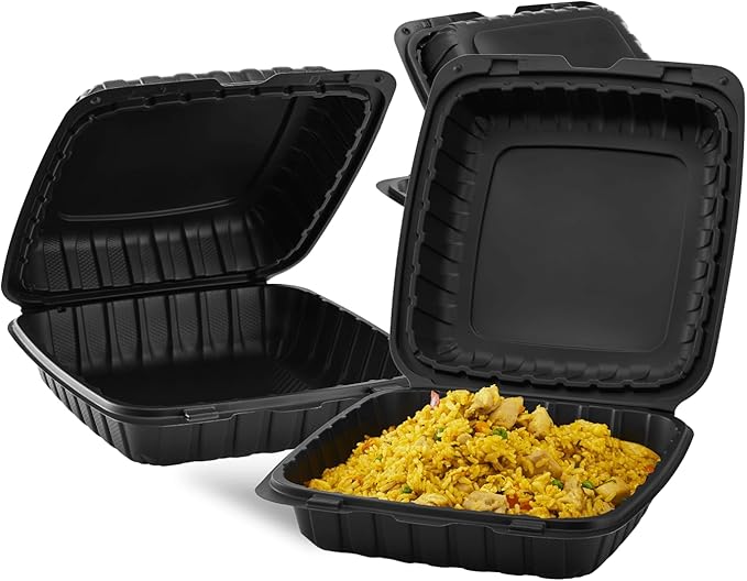 KARAT EARTH Clamshell Take Out Food Containers [9"x9" - 120 ct] To Go Containers | Microwavable, Freezer Safe, Soak-Resistant, Durable, Stackable | Vented for Hot/Cold Foods, Black