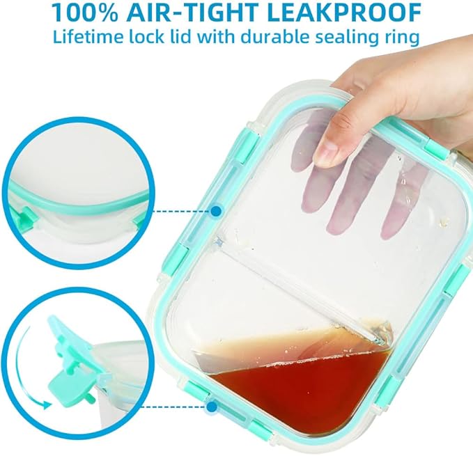 DAS TRUST 3 Pack Food Storage Containers 2 Compartments Glass Meal Prep Containers with Lids for Adult Food Prep Container with Dividers Reusable Lunch Bento Box