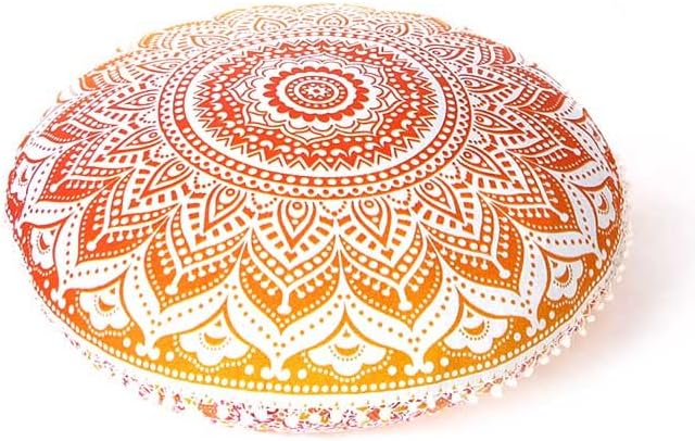 Eyes of India - Mandala Floor Pillow Cover Meditation Cushion Seating Throw Hippie Round Colorful Decorative Bohemian Indian Pouf Ottoman Handmade Cover ONLY (Omb-Yellow, 32" x 32")