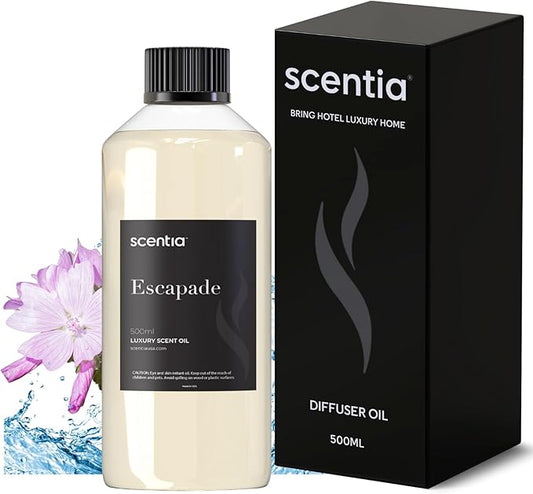 Scentia Hotel Diffuser Oil Inspired by 5-Star Hotel Scent - 500 ml 16.9 fl oz - Fragrance Oil Blend Botanical Jasmine & Marine Notes for Aromatherapy Diffusers - Escapade, Mothers Day Gift