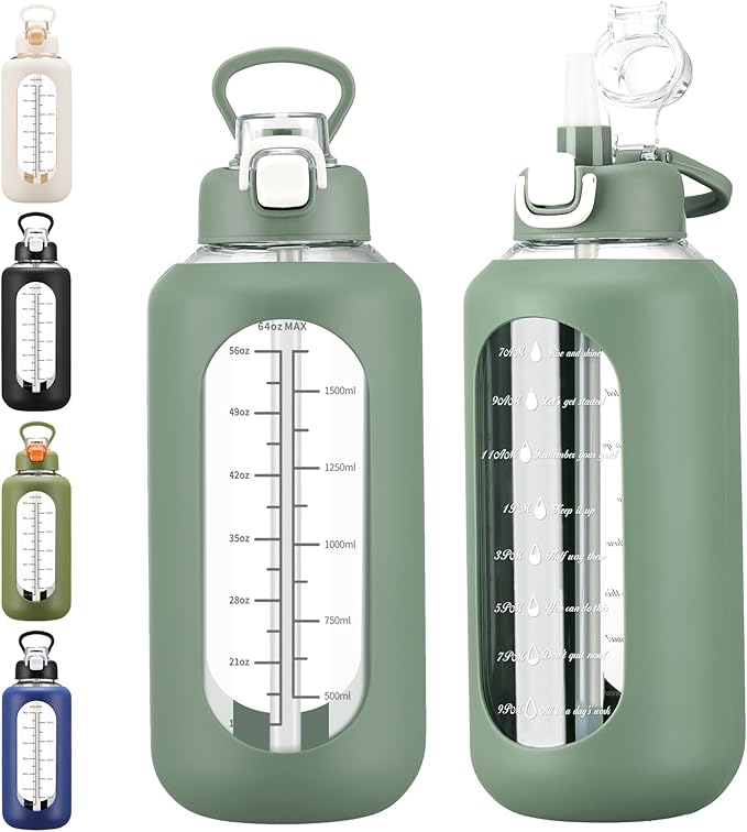 64 oz Glass Water Bolttles with Straw Half Gallon Large Motivational Water Bottle with Time Marker Sports Water Bottles with Silicone Sleeve and Handle Lid Water Jug for Gym Workout