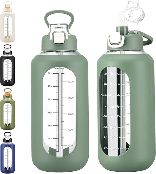 64 oz Glass Water Bolttles with Straw Half Gallon Large Motivational Water Bottle with Time Marker Sports Water Bottles with Silicone Sleeve and Handle Lid Water Jug for Gym Workout
