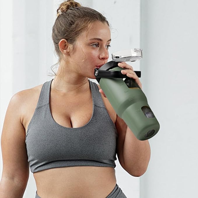 BLUEGO 32oz Glass Water Bottles with Straw Time Marker Half Gallon Large Motivational Water Bottle with Silicone Sleeve 2 Liter Large Glass Water Jug for Gym, Sports& Workout, Daily, Olive