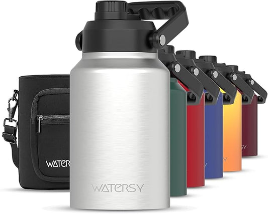 Half Gallon Water Bottle Insulated(Cold for 48 Hrs),BPA Free&Leak Proof,64oz Stainless Steel Water Jug/Flask,Big thermo,Large Water Bottle with Handle for Gym,Hiking,Camping,Stainless