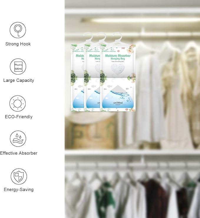 CANAGER Hanging Moisture Absorber-12 Packs, Hanging Dehumidifier Bags for Closet,Bedroom and kitchen,Fragrance Free,Moisture Absorb 12.5OZ