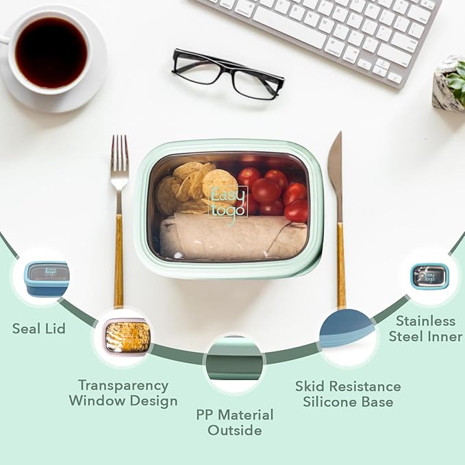 3 Pack Stainless Steel Food Containers with Silicon Lid & Non-Slip Exterior, LeakProof, Airtight Rectangular Portion Control Storage Lunch Box, Togo Lunch Containers for Adults - Green