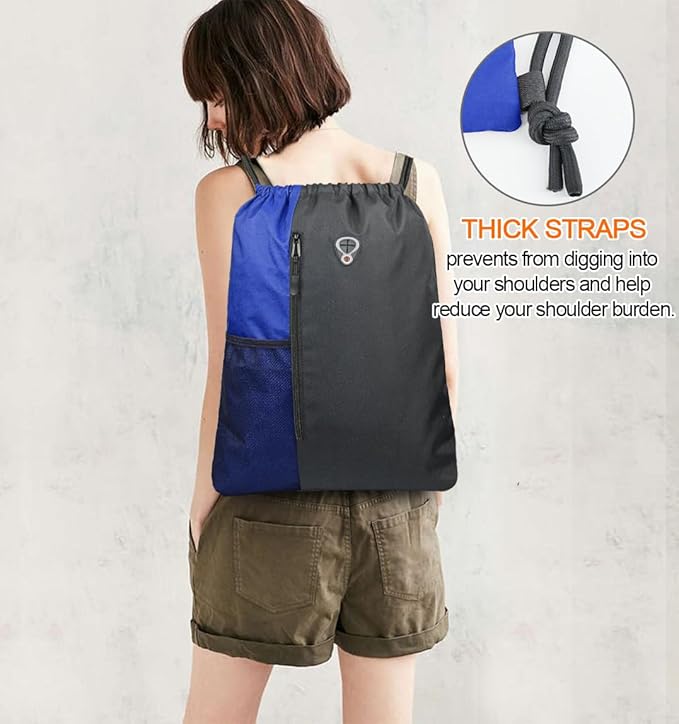 BeeGreen Royalblue Drawstring Backpack Gym Bag For Men & Women – Sports Sackpack with Mesh Water Bottle Holder & 2 Zippered Pockets – Large 16x20 Inch Cinch String Backpack