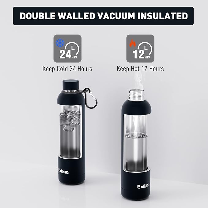 Slim Insulated Water Bottles for Travel 32oz with Clip, Double Wall Vacuum Stainless Steel Water Bottle Keeps Drinks Cold 24 Hrs/Hot 12 Hrs, 100% Leakproof, BPA Free (Black)