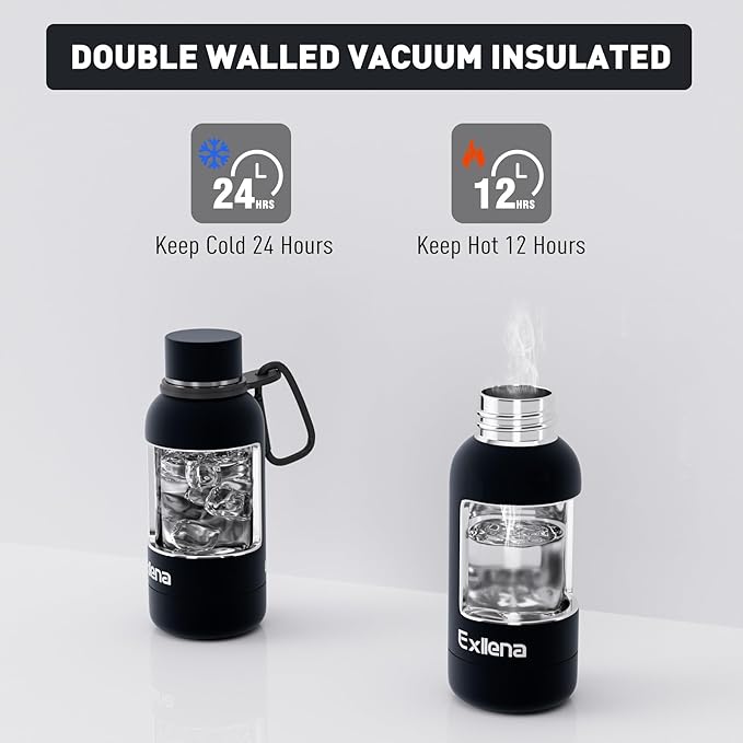Small Water Bottle 12oz with Clip, Double Wall Stainless Steel Vacuum Small Insulated Water Bottle Keeps Drinks Cold 24 Hrs/Hot 12 Hrs for Kids Handbag School BPA Free (Black)