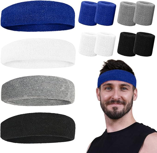 Sports Sweat Bands for Men -12 Pack Sports Headband and Wristbands, Sweatbands Colorful Cotton Sweat Band for Women ＆ Men Tennis Basketball Outdoor Athletic, Running, Gym