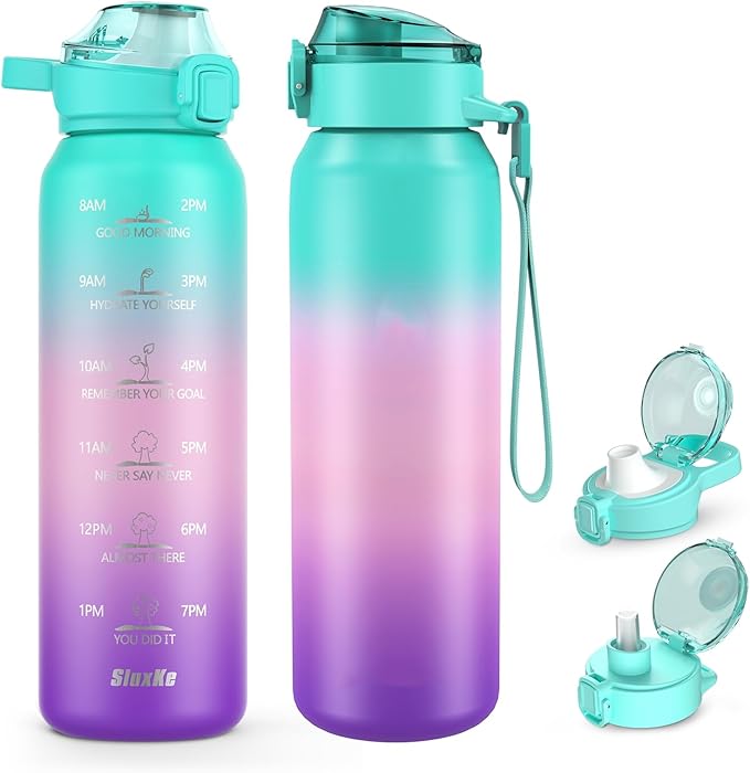 24oz Insulated Water Bottle with Straw and Spout Lids, 700ml 18/10 Stainless Steel Double Wall Vacuum Sports Water Jug, Leakproof Hydro Cup Flask for Men, Women & Kids GREEN PINK PURPLE