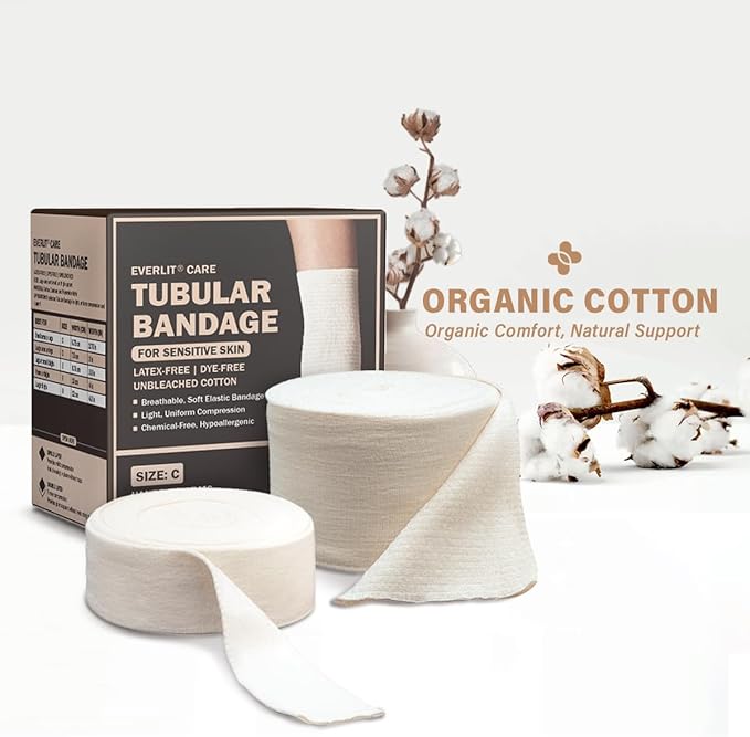 EVERLIT 560D Cotton Blend Elasticated Tubular Support Bandage | Latex-Free, Breathable Stockinette for Arm, Knees, Legs | Moderate to High Compression for Sensitive Skin (Size E | 3.5" x 11 yd)