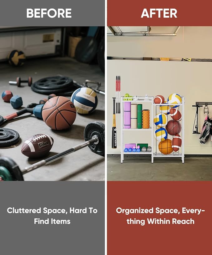 3 Tiers Dumbbells Yoga Mat Storage Rack with Elastic Straps for Kettlebells Foam Roller Resistance Bands Balls, Workout Equipment Organizer Weight Storage Holder with Hooks for Home Gym