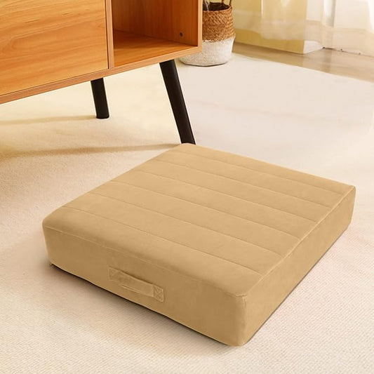 MeMoreCool Square Floor Pillow Seating for Adults Kids, Large Meditation Cushion Floor Pillow with Thick Foam & Soft Tufted Cover, Washable Big Pillow Seat Floor Cushion for Sitting Yoga 22" Khaki