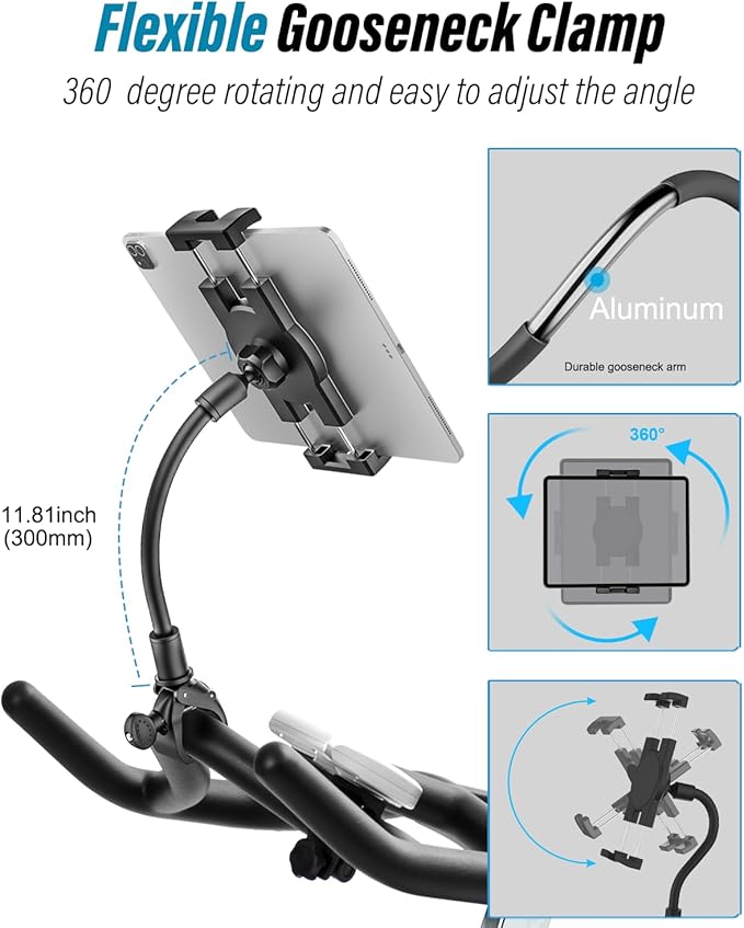 Gooseneck Spin Bike Tablet Holder, Handlebar Clamp Tablet Mount for Stroller, Wheelchair, Indoor Peloton, Treadmill, Stationary Exercise Bicycle, Elliptical, for 4-13" iPad Pro Air Mini, Galaxy, Fire