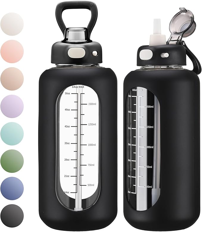 SIEROZUR 42 oz Glass Water Bottle with Straw and Handle, Large Sports Motivational Water Bottle Flask with Time Marker Leakproof Water Jug with Silicone Sleeve for Gym