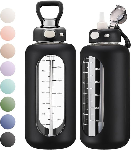SIEROZUR 42 oz Glass Water Bottle with Straw and Handle, Large Sports Motivational Water Bottle Flask with Time Marker Leakproof Water Jug with Silicone Sleeve for Gym