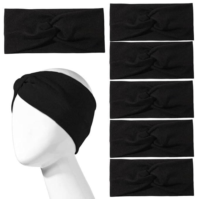Artilady 6 Pack Wide Boho Headbands for Women - Soft Yoga Elastic Hair Bands for Girls Workout Running Sport Headwrap Non-slip Breathable (Ebony)