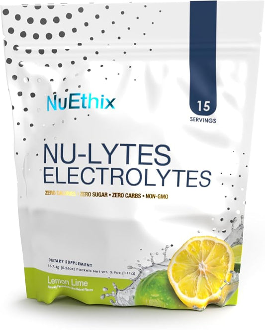 NuEthix Formulations NU-LYTES Electrolytes Hydration Packets, Zero Calories, Zero Sugar, Zero Carbs, Non-GMO, Electrolytes Powder Packets, Glycogen Replenishment, 15 Servings (Lemon Lime)