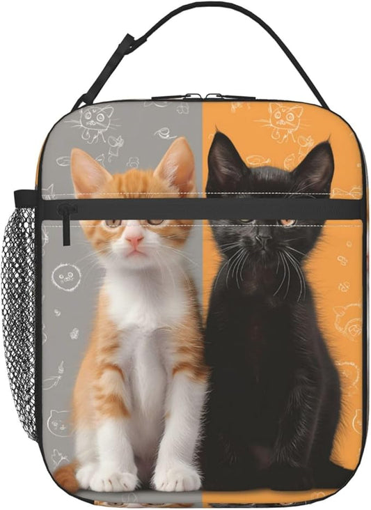 Insulated Lunch Box for Women Men, Yellow and Black Cat Lunch Box Reusable Portable Lunch Bag Cooler Tote Waterproof Lunch Container for Office Picnic Work Travel Hiking