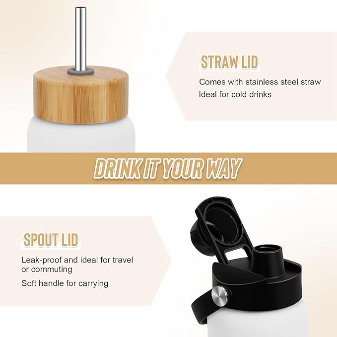 32 oz Glass Water Bottles - 1 Liter Motivational Tumbler Water Bottle Time Marker - Borosilicate Glass Water Bottle With Silicone Sleeve and 2 Lids, Handle Spout & Bamboo Straw Lid