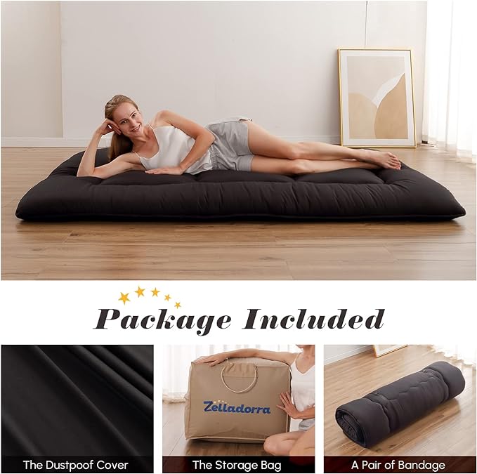 Japanese Floor Mattress, Futon Mattress with Portable Storage Bag and Washable Cover, Roll Up Thick Tatami Mat Suitable for Camping, Guest Room, Black, Twin