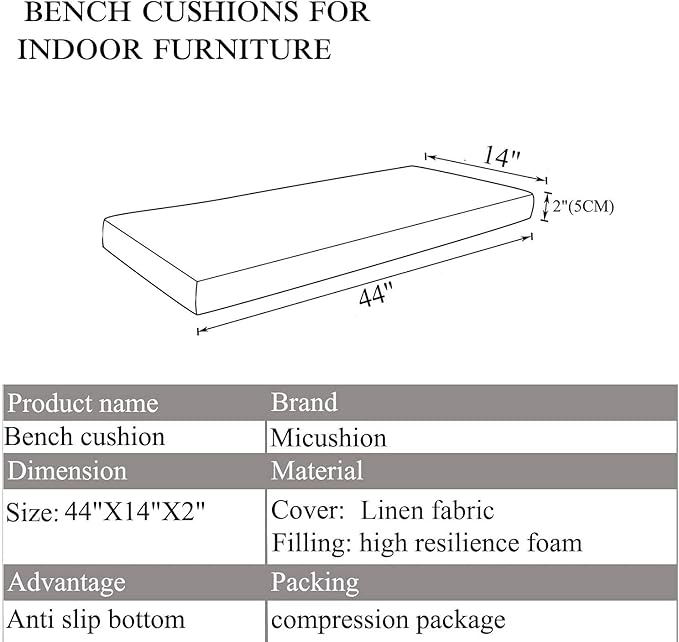 44x14 Inch Piano Bench Cushion for Indoor Shoe Storage with Ties Non Slip Picnic Bench Pad for Kitchen Dining Table Seat, Light Brown