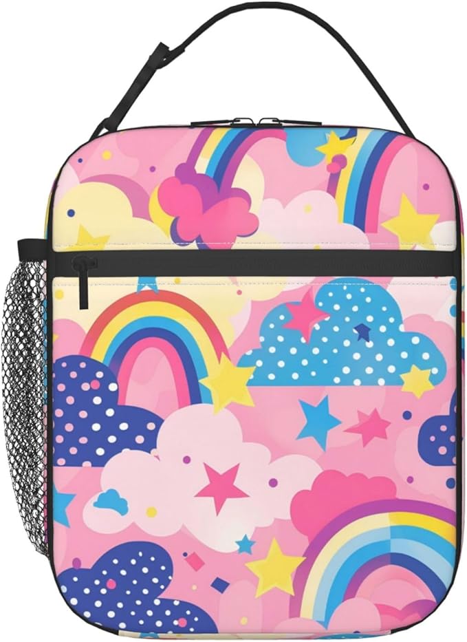 Colorful Rainbow Print Insulated Lunch Box Gifts for Kids Adults Cute Pink Cloud and Polka Dot Design Reusable Portable Lunchbox Cooler Lunchbag for Work Picnic School Travel or Hiking