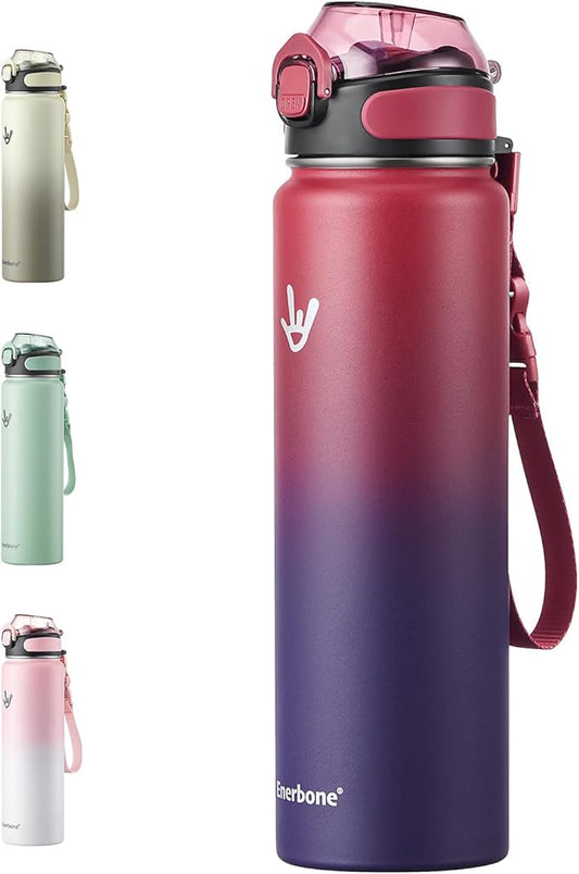 Enerbone 32 oz Insulated Water Bottle, Stainless Steel Bottle with Carrying Strap, Double-Wall Vacuum Insulation Design, Leakproof Sports Bottle with Straw, Keep Drinks Cold or Hot for Hours