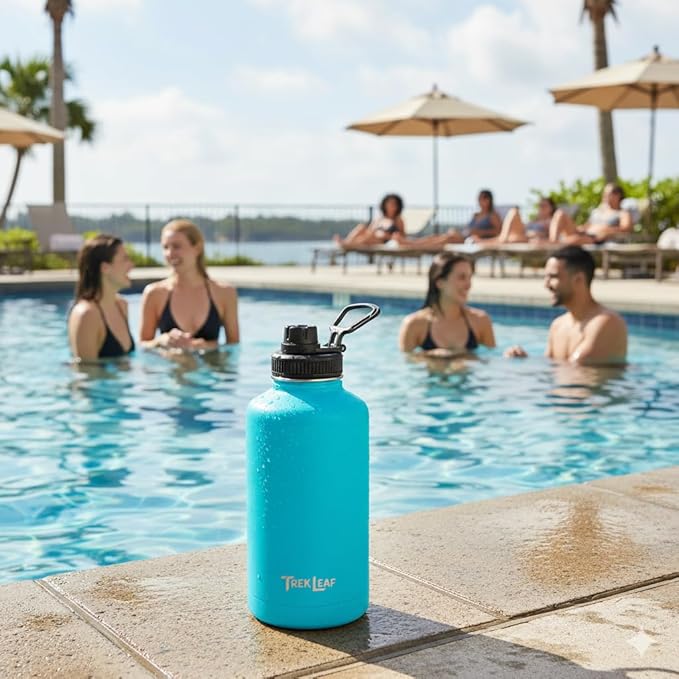 Travel Water Bottle with Carrying Bag, 3 Lids (Spout, Straw, Handle), and Bottle Brush; Leak Proof, Quality, Vacuum Insulated, Stainless Steel (Ocean Blue, 64 oz)