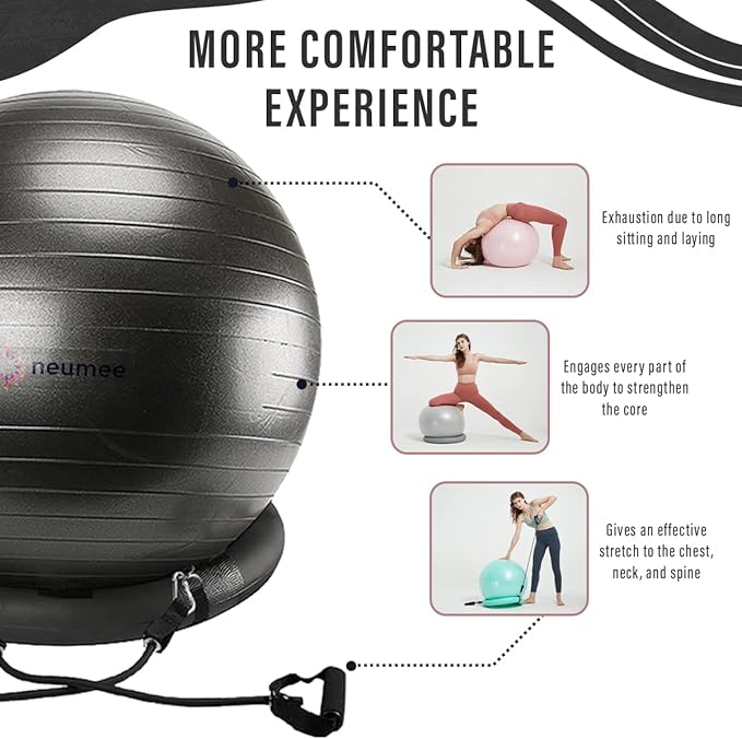 Exercise Ball Chair with Resistance Bands, Yoga Ball Office Chair with Stability Base for Home Gym, Workout Ball for Fitness, Large Size 65 cm