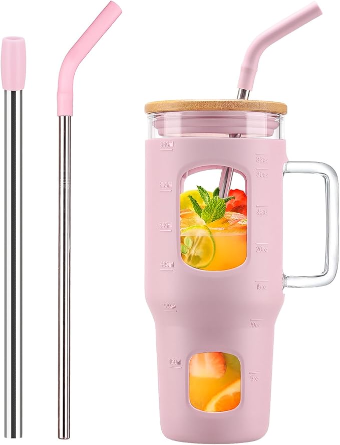 Glass Tumbler with Straw and Lid, 32 oz Glass Cup with Handle, Glass Water Bottles with Time Marker, 2 Straws - Pearl Straw & Drinking Straw Silicone Protective Sleeve-Pink