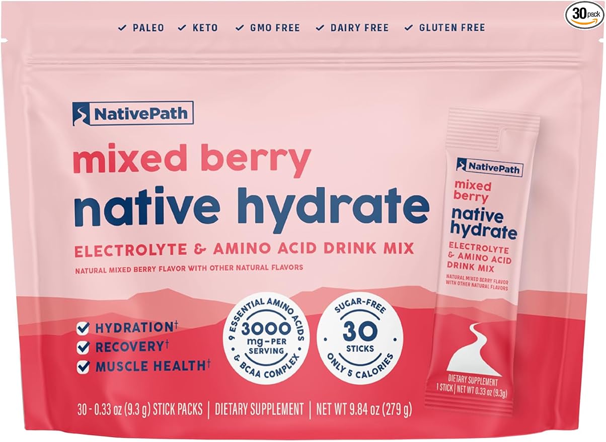 NativePath Native Hydrate Stick Packs, Sugar Free Electrolytes Powder with BCAAs, Mixed Berry Hydration, Keto & Paleo Friendly, 30 Servings