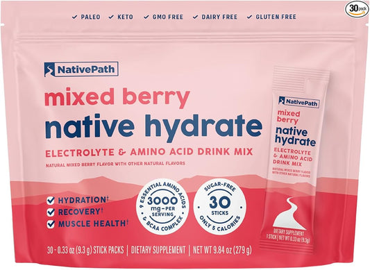 NativePath Native Hydrate Stick Packs, Sugar Free Electrolytes Powder with BCAAs, Mixed Berry Hydration, Keto & Paleo Friendly, 30 Servings