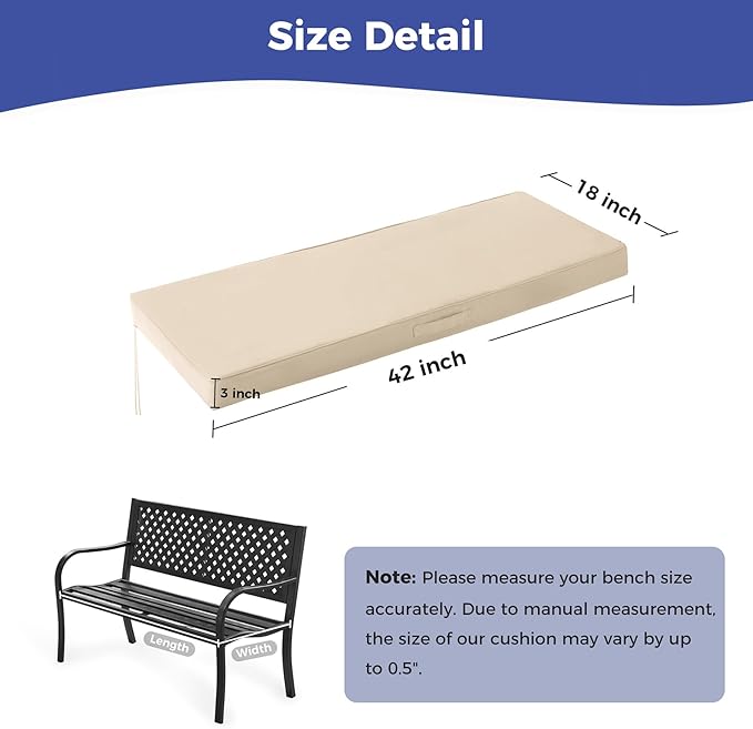Outdoor Bench Cushions for Outdoor Furniture, 42x18x3 Inch, Waterproof Bench Pillow, Fade Resistant Long Bench Seat Pads for Garden, Indoor, Porch Swing, Beige