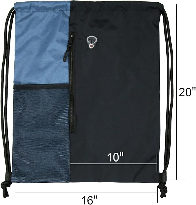 BeeGreen Haze Blue Drawstring Backpack Gym Bag For Men & Women – Sports Sackpack with Mesh Water Bottle Holder & 2 Zippered Pockets – Large 16x20 Inch Cinch String Backpack