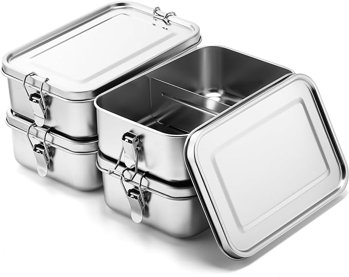 Umigy 4 Pcs Stainless Steel Food Containers Metal Bento Lunch Box Stainless Steel Food Storage Containers, Lockable Clips to Leak Proof, Reusable Dishwasher Snack Boxes for Work, Picnic (1400ml)