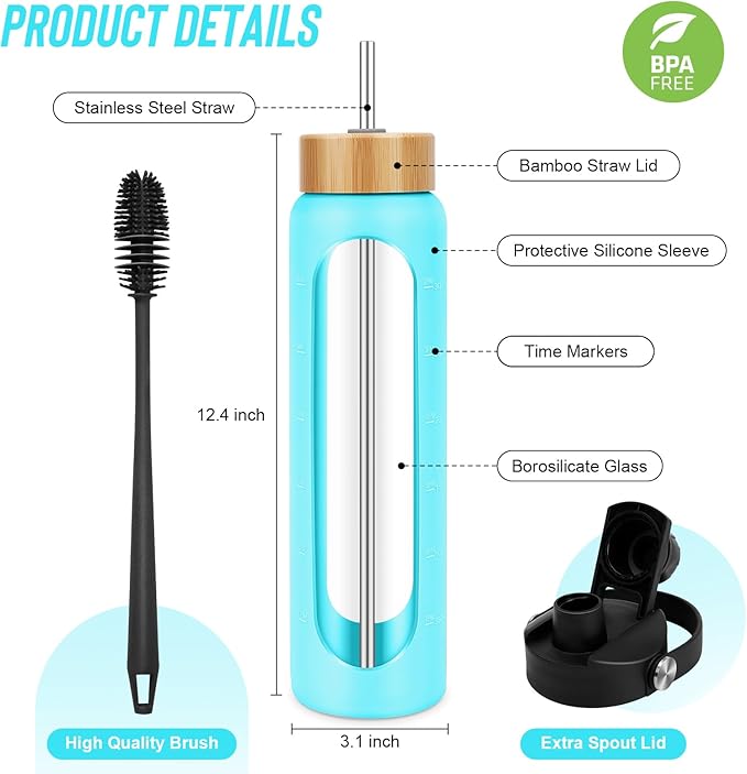 32 oz Glass Water Bottles - 1 Liter Motivational Tumbler Water Bottle Time Marker - Borosilicate Glass Water Bottle With Silicone Sleeve and 2 Lids, Handle Spout & Bamboo Straw Lid